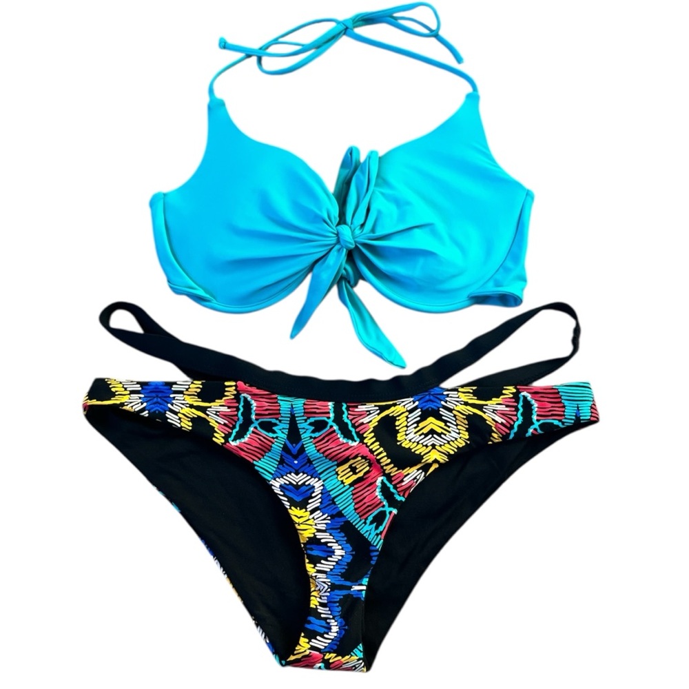 L*Space Black Aqua Green Bikini Tribal Pattern NWOT Large D Cup Made USA